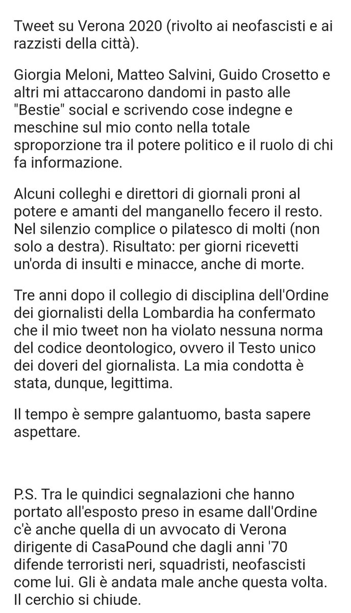 Tweet su #Verona (2020). Il tempo è sempre galantuomo, basta sapere aspettare.  [per Meloni, Salvini, Crosetto, fascisti e neofascisti, manganellatori, direttori di giornali proni al potere, ignavi, e chi 3 anni fa ha scelto il silenzio complice]  👇👇👇