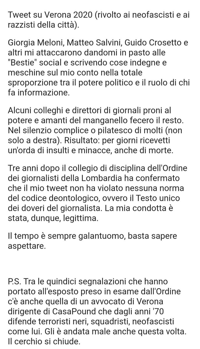 Tweet su #Verona (2020). Il tempo è sempre galantuomo, basta sapere aspettare.  [per Meloni, Salvini, Crosetto, fascisti e neofascisti, manganellatori, direttori di giornali proni al potere, ignavi, e chi 3 anni fa ha scelto il silenzio complice]  👇👇👇