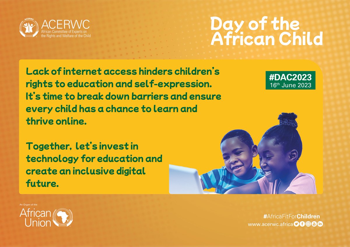 acerwc's tweet photo. The Day of the African Child this year will be commemorated on the theme "The Rights of the Child in the Digital Environment".

Here is our message for @_AfricanUnion Member States and other stakeholders.

#SafeOnline #DAC2023 https://t.co/P5hxy5Lrb3