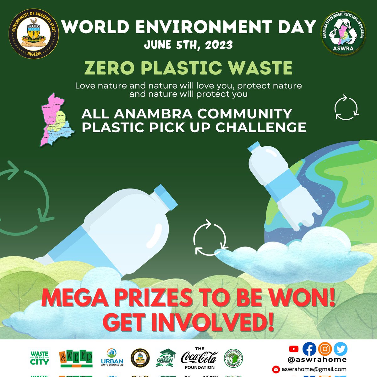 aswrahome's tweet photo. The Anambra State Ministry of Environment in collaboration with ASWRA kicks off the  Plastic Pick Up Challenge to commemorate the World Environment Day on the 5th of June, 2023.

It's On!
Win Big!
Join The Team In Your Local Government!
#aswra #reduce #reuse #recycle https://t.co/UWcy7WeJol