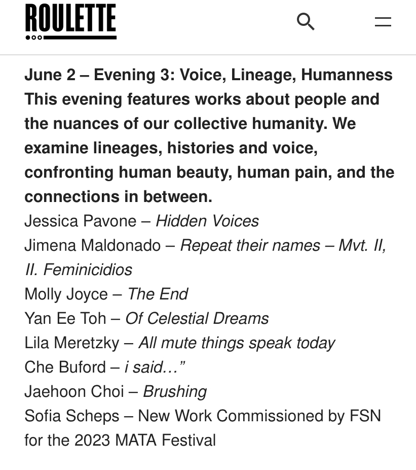 My piece, 'Hidden Voices' (2021) for two violins, viola, and humming, is being performed at @Roulette_NYC this Friday on the 3rd night of the 25th annual MATA Festival. ∞∞∞