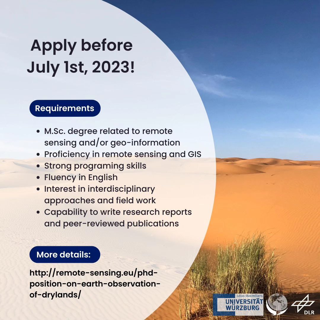PHD POSITION

Join our research team at the University of Würzburg and study the evolution of #drylands under changing climatic conditions using #EarthObservation. Apply now!  #PhDStudent #jobsearch #geospatial #remotesensing #eojobs
remote-sensing.org/phd-position-o…