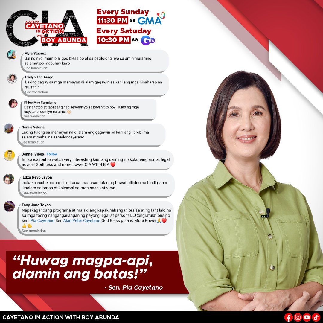 CIAwithBA's tweet photo. "Huwag magpa-api, alamin ang batas"
Ate @piacayetano  

Patuloy na manuod ng Cayetano in Action with Boy Abunda tuwing Lingo ng gabi 11:30 PM sa GMA at 10:30 PM naman tuwing sabado sa GTV

#CayetanoInActionwithBoyAbunda #AlanCayetano #PiaCayetano #BoyAbunda #GMA #GTV https://t.co/xW5kyNbjdy