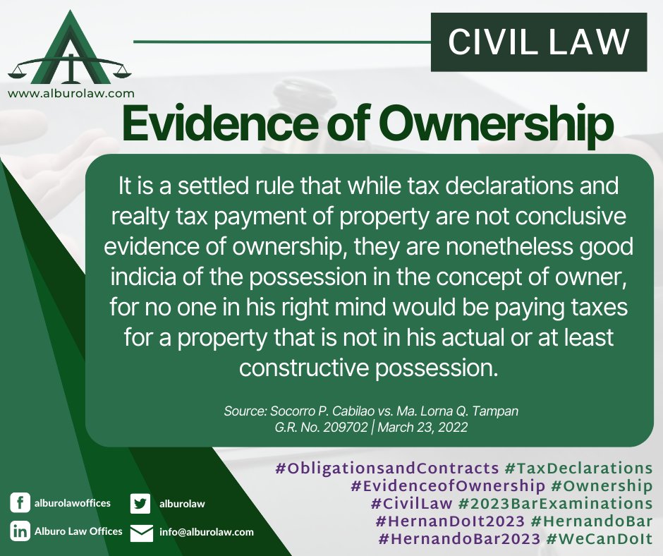 ⚖️ CIVIL LAW | Evidence of Ownership

Are tax declarations and realty tax payment of property a conclusive evidence of ownership ?🤔

#EvidenceofOwnership
#CivilLaw #2023BarExaminations
#HernanDoIt2023 #HernandoBar
#HernandoBar2023 #WeCanDoIt