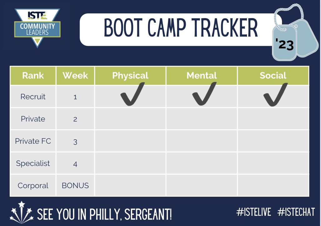 JENTONEY's tweet image. Thank you for this great @canva version of our @ISTEofficial  @ISTEcommunity  #ISTEchat Bootcamp tracker, @DrMEcklerEDU!!!  Shaping up for #ISTElive23! 🥳