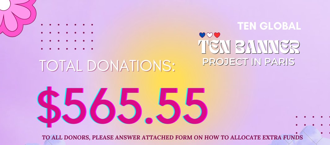 nongtenglobal's tweet photo. GOAL REACHED!

[DONATE FOR TEN] BANNERS FOR #TEN IN WAYV'S FANMEETING IN PARIS 
- TOTAL: $565.55

To all fans who have donated, please answer this gform to determine how to re-allocate the extra funds of $405: https://t.co/RI8IjbOrvh

Choose whether redirect to SO10 donations or create new banners (if there are Mexico/LA WayV FM stops announced). Else, please write your suggestions~

Thank you for your support!
