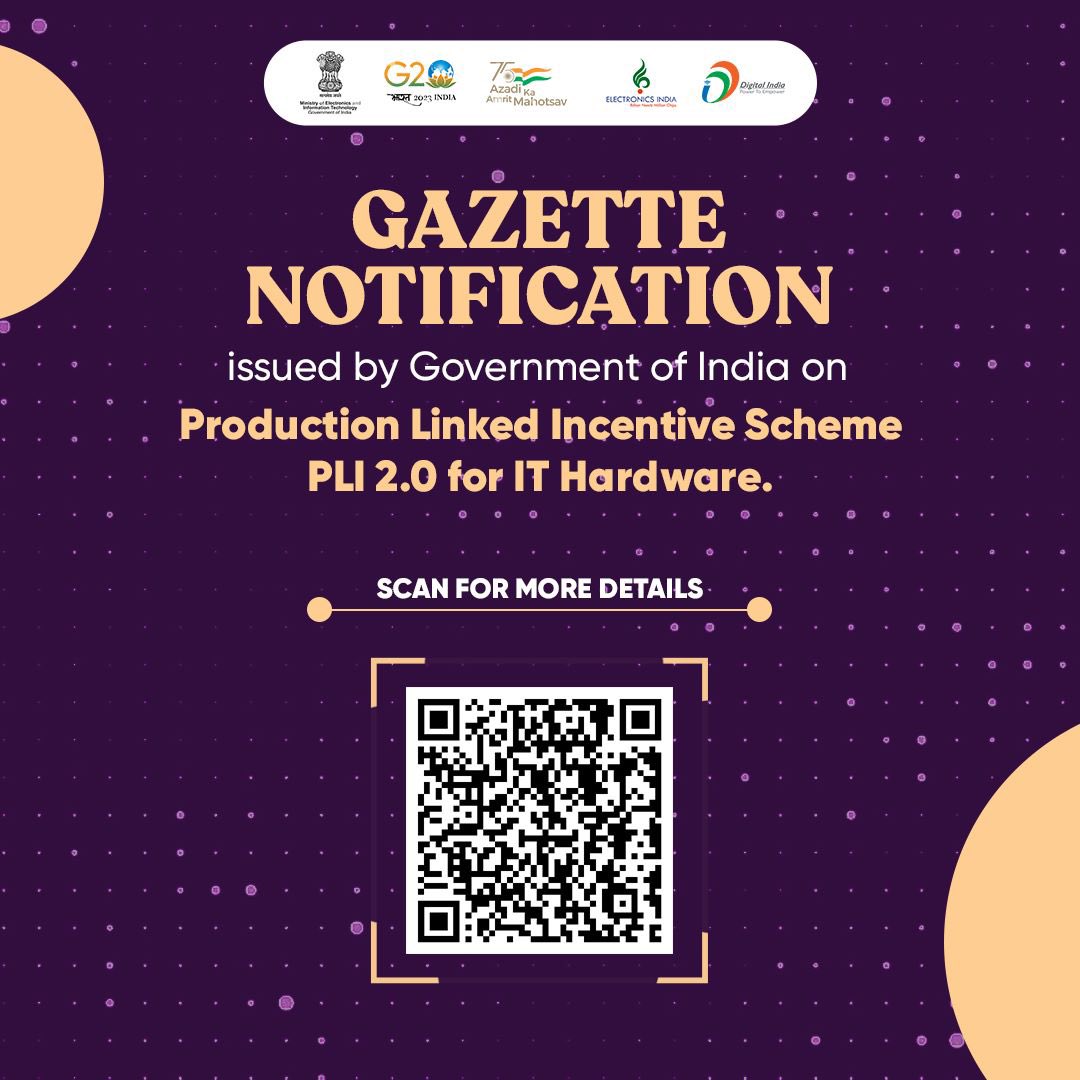 .@GoI_MeitY invites applications for Incentives under PLI 2.0 for the IT Hardware scheme.

Visit meity.gov.in/content/produc…

#DigitalIndia @GoI_MeitY #AatmanirbharBharat #MakeInIndia #IndiaTechade