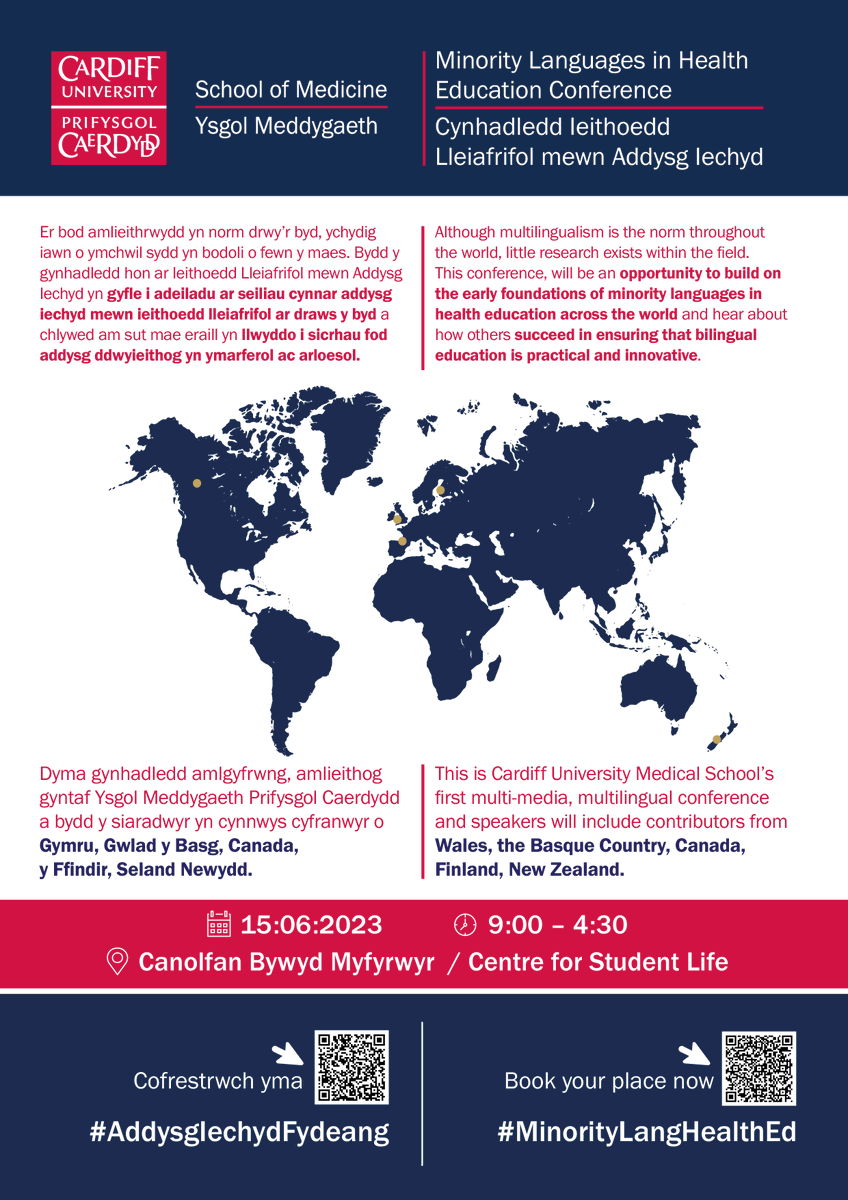 Cynhadledd Ieithoedd Lleiafrifol mewn Addysg Iechyd / Minority Languages in Health Education Conference

Cofrestrwch yma / Book your place now: cardiff.ac.uk/community/even…

🗓️15/06/2023
⏰9:00 – 4:30
📍Canolfan Bywyd Myfyrwyr / Centre for Student Life