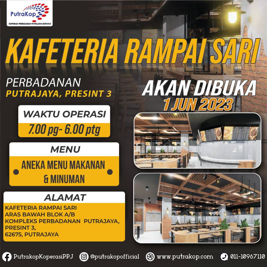 putrajayacorp's tweet photo. Berwajah baharu dengan suasana yang lebih santai dan fresh. Pelbagai jenis pilihan menu makanan dan minuman disediakan. KAFETERIA RAMPAI SARI @ Perbadanan Putrajaya akan dibuka pada 1 Jun 2023 bertempat di aras bawah blok A/B Kompleks PPj.
#kafeteria #perbadananputrajaya https://t.co/ewncOR1vjx