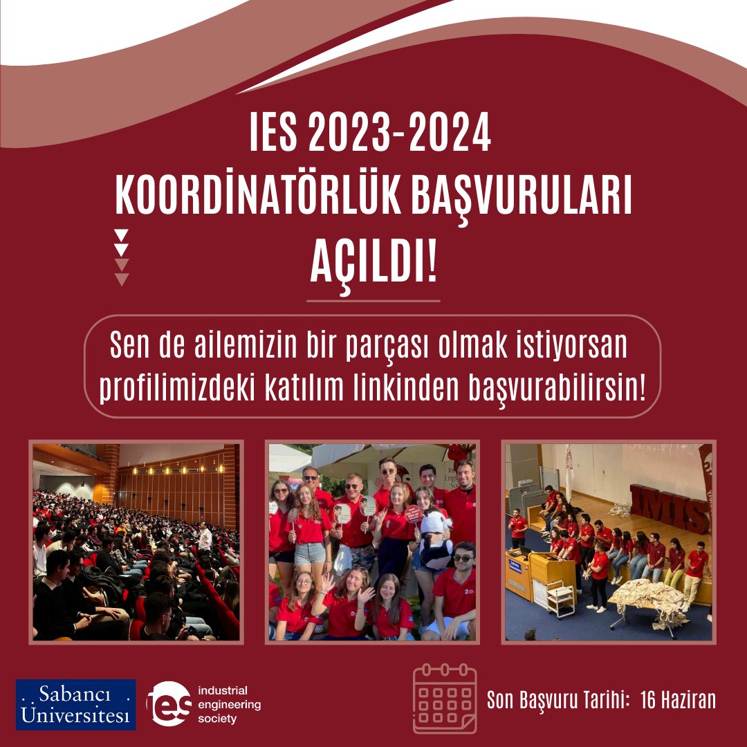 iessabanci's tweet photo. Koordinatörlük başvurularımız açıldı! 🥳🎉

Sen de yeni dönemde IES ailesinin bir parçası olmak, fikirlerinle kulübe katkıda bulunmak, etkinlikleri düzenleyen ekipte yer almak ve kulübü daha yakından tanımak istiyorum diyorsan aşağıda yer alan başvuru formunu doldurabilirsin!👇 https://t.co/z2E3HHp1bv