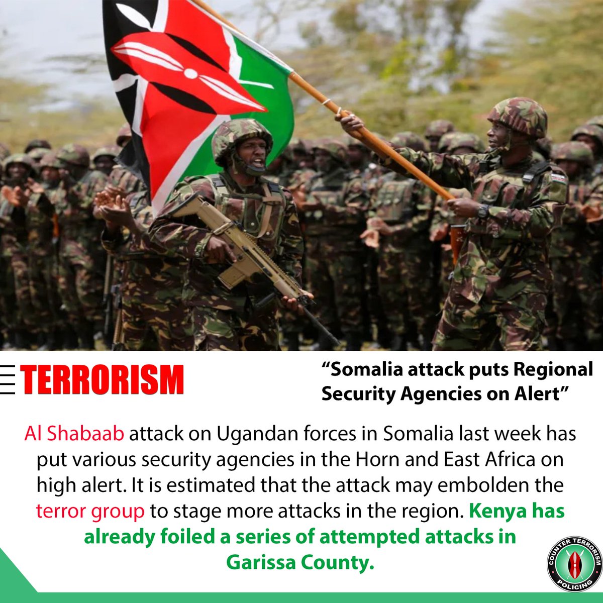#Alshabaab is hellbent to carry out more attacks in the region to appear relevant after the group faced humiliating defeats by #Somalia Security Forces & other partners.

States need to continue partnering to fight terrorism & degrade AlShabaab.
#ActionCountersTerrorism 
@abduhar