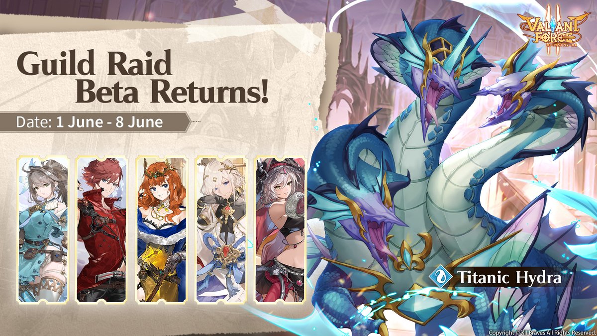valiantforce2's tweet photo. Get ready to celebrate the triumphant return of Guild Raid Beta on 1st June! ๐๐'๐ซ๐ ๐๐๐ ๐๐ซ ๐ญ๐จ ๐ค๐ง๐จ๐ฐ ๐ฐ๐ก๐ข๐๐ก ๐ก๐๐ซ๐จ๐๐ฌ ๐ฒ๐จ๐ฎ'๐ฅ๐ฅ ๐๐ ๐ฅ๐๐๐๐ข๐ง๐ ๐ข๐ง๐ญ๐จ ๐๐๐ญ๐ญ๐ฅ๐ ๐ญ๐ก๐ข๐ฌ ๐ญ๐ข๐ฆ๐.
#ValiantForce2 #VF2 #XIIBraves https://t.co/luc41eCO05