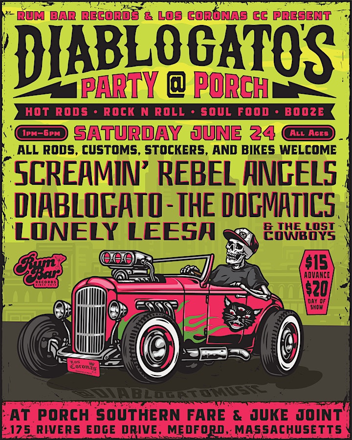 thedogmatics's tweet image. The Porch Southern Fare &amp;amp; Juke Joint Medford, MA: Rum Bar Records &amp;amp; Los Coronas CC Present "Party at the Porch" with Screamin’ Rebel Angels, Diablogato, The Dogmatics, Lonely Leesa &amp;amp; the Lost Cowboys  eventbrite.com/e/diablogatos-… 
#boston #music #bostonmusic #hotrods #motorcycles #bbq