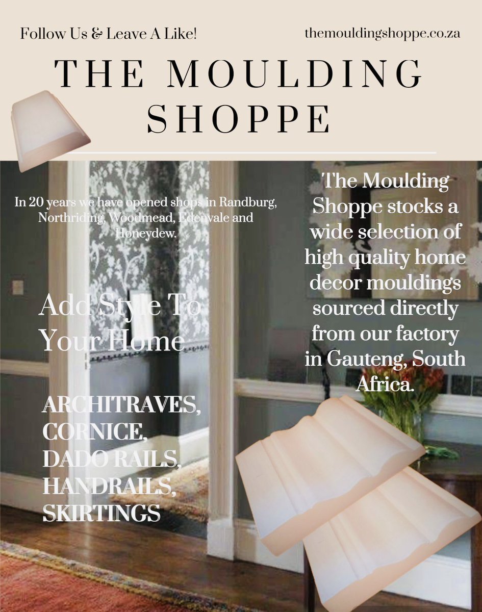 #TheMouldingShoppe #HomeDecor #HomeImprovement #SupportLocal  With our 5 Retail shops & our own in-house manufacturing division in Gauteng, we are well equipped to handle any job – nothing is too extreme for us! Contact Us For More Information. themouldingshoppe.co.za