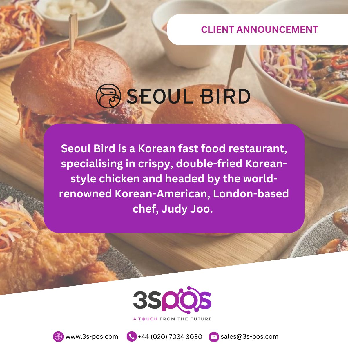 3SPOS's tweet photo. Client Announcement 🎉🚀

Introducing 3S POS customer, Seoul Bird - a Korean fast food restaurant headed by the world-renowned Korean-American, London-based chef, Judy Joo.

Book a FREE demo with 3S POS 👉 https://t.co/2YhnoBP16I

#business #epos #epossystem #newclient https://t.co/Mkvgck1Krt