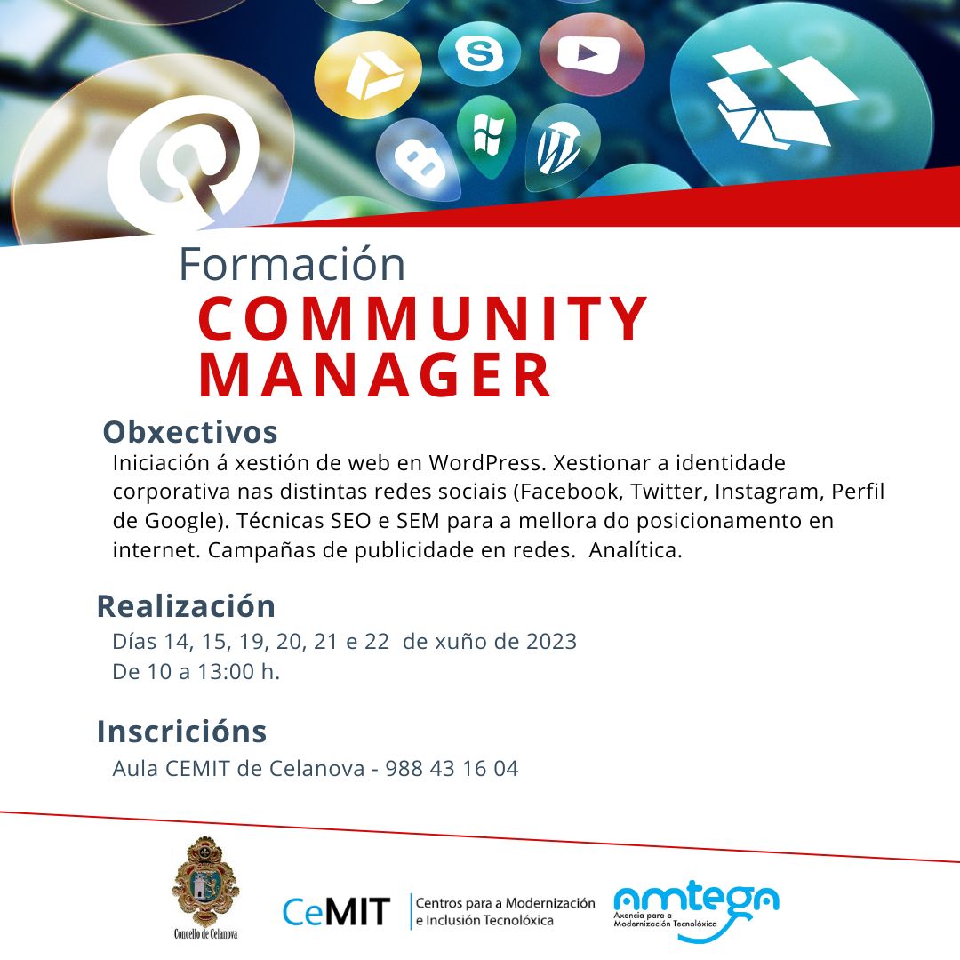 cemitcelanova's tweet photo. 👉🏻 Curso na Aula CeMIT
🖥️ Community Management: Xestionar a identidade corporativa nas distintas Redes Sociais.
🗓️ Do 14 ó 22 de xuño de 🕙 10:00 a 13:00 h
📝 Reserva praza no 📞 988431604
#Celanova #ConcellodeCelanova #formacioncelanova #cursoscelanova #CeMITCelanova #CEMIT https://t.co/CFW3YosbQL