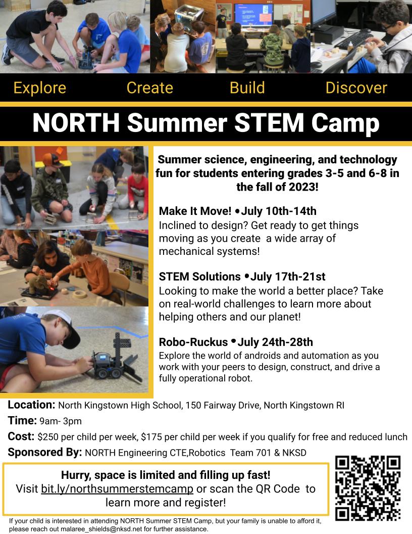 nkhsrobotics's tweet photo. Inclined to design? Mechanically minded? Join us for Make It Move! a week of STEM camp for kids who are always on the go and love to build and design! Visit https://t.co/tLBENito9K to learn more! https://t.co/Qo1Z4uIkS9