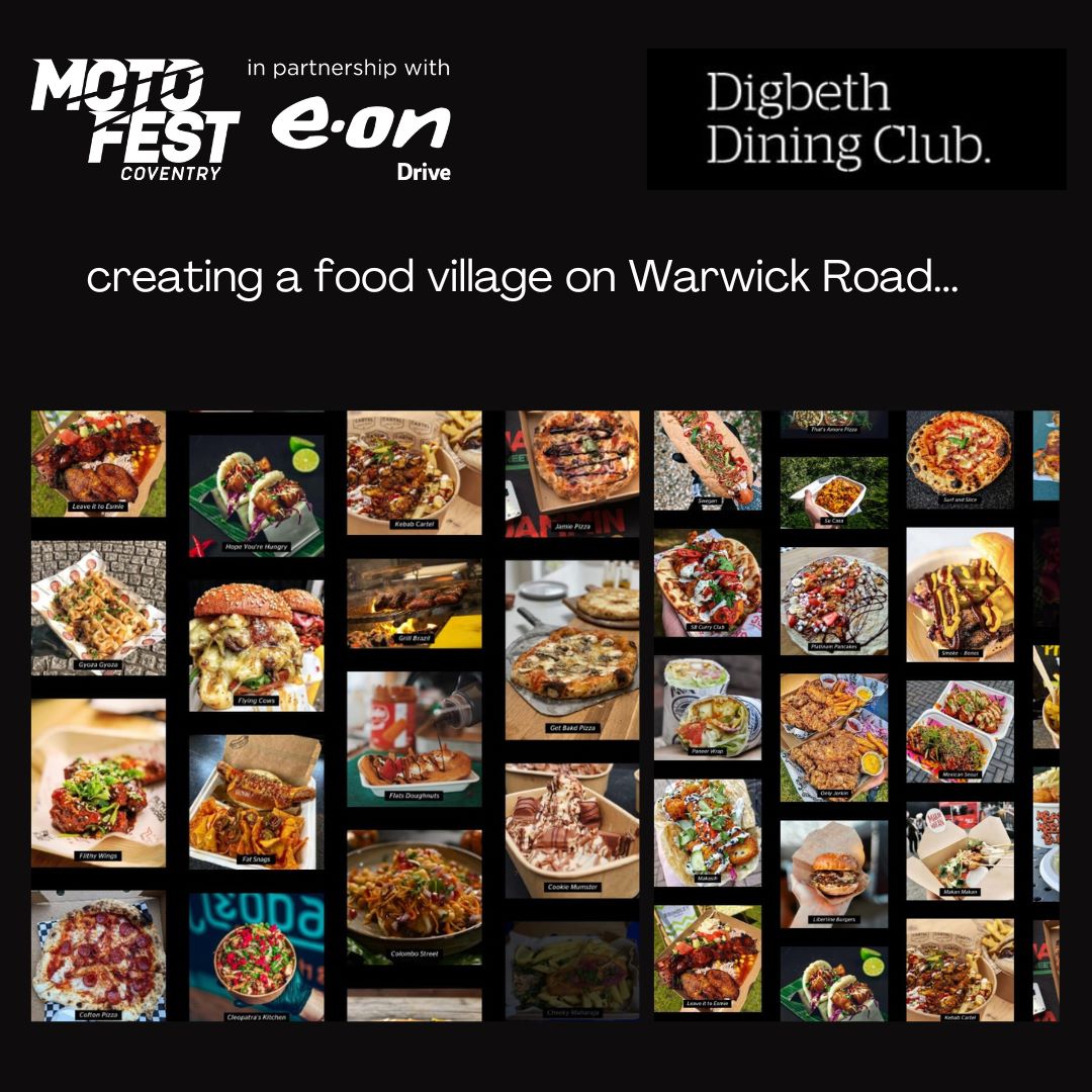 CovMotoFest's tweet photo. Cars need petrol. You need food. MotoFest Coventry is based in a city centre with a wide range of quality restaurants and cafes.
We are also being joined by the fantastic Digbeth Dining Club creating a food village on Warwick Road.
#CovMotoFest #EONDrive #digbethdiningclub https://t.co/jFxjx0NdEM