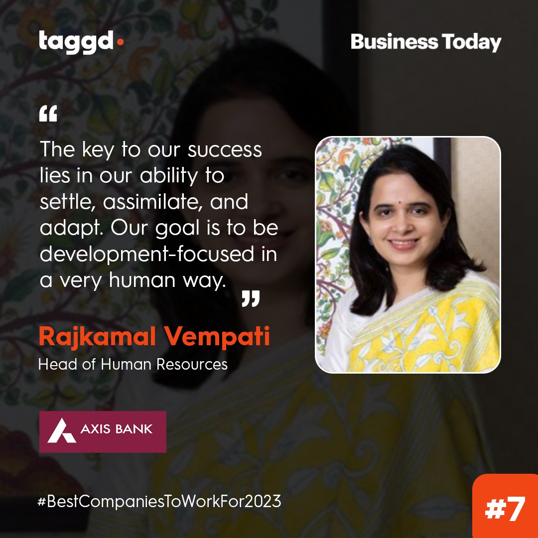 _taggd's tweet image. Ranked #7 in the list of #BestCompaniesToWorkFor2023 is @AxisBank. Rajkamal Vempati, Head of Human Resources shares how important it is to help employees settle and adapt to changes in a human-centric way. 

Read more here: bit.ly/3mArjW2

#AxisBank #India