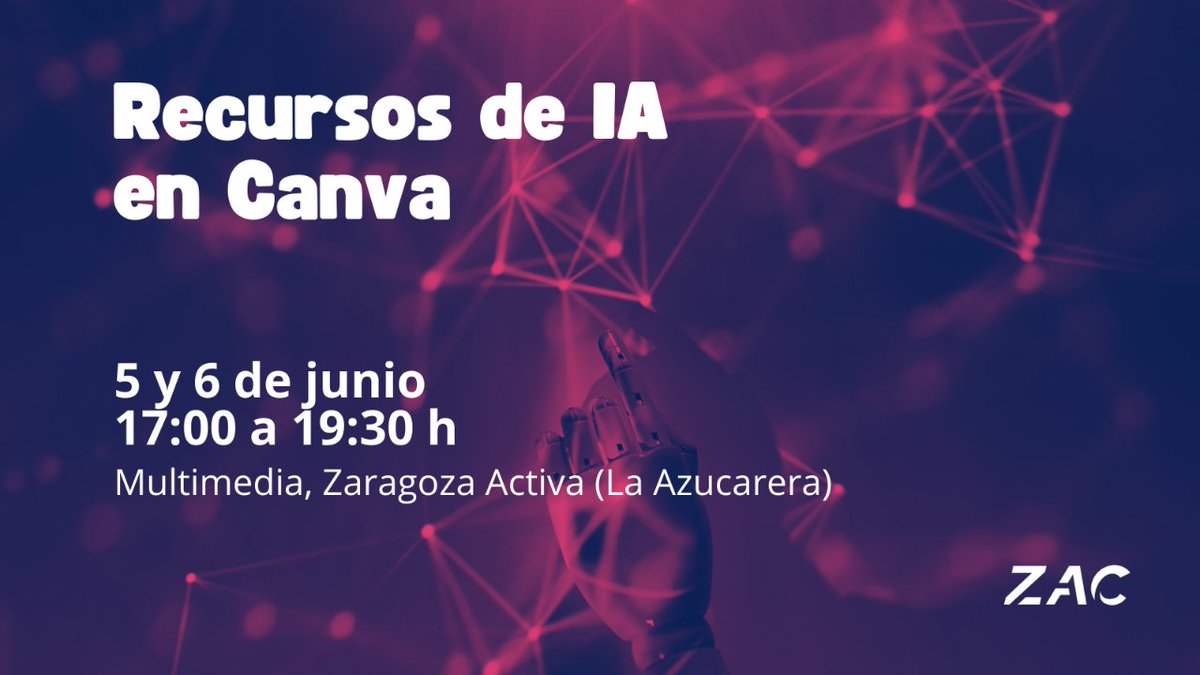 2 formaciones para aprender de #IA en #Canva:

-Herramientas que complementan a Canva y cómo comunicar con éxito
-Presenta visualmente con éxito tu idea gracias a trucos de IA en Canva

zaragoza.es/zac/events/688… #REDZAC con <a href="/ivanreyestena/">Iván Reyes Tena</a>