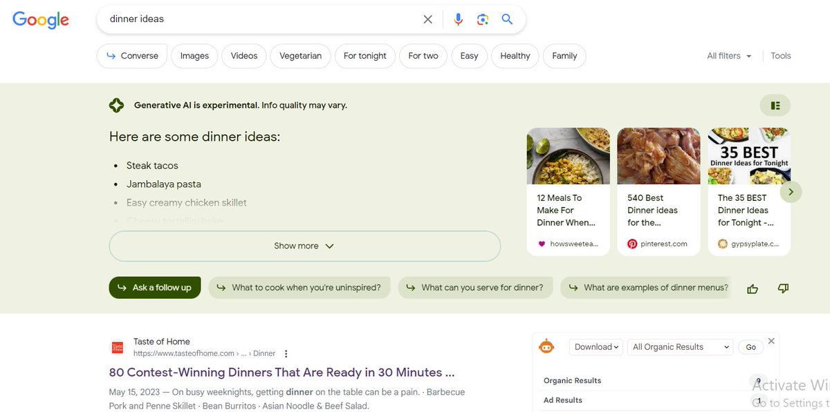 cassy_schroeder's tweet photo. It's interesting that a site like Taste of Home ranks #1 for "dinner ideas", but isn't shown as one of the top 3 trusted results in Google's #SGE 

Any ideas as to why? https://t.co/bwmojmefix