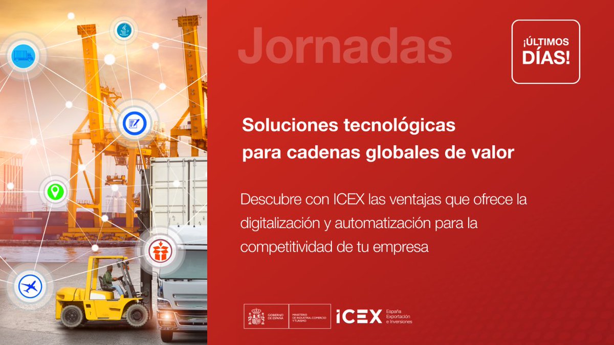 📆 ¡Última oportunidad!

Descubre en esta #JornadaICEX gratuita por qué las soluciones tecnológicas en logística y cadenas de suministro son fundamentales para la competitividad de tu empresa.

🔗 icex.es/es/todos-nuest…

Colaboran @Logistop_, @tiba y #AleaGlobalPartners