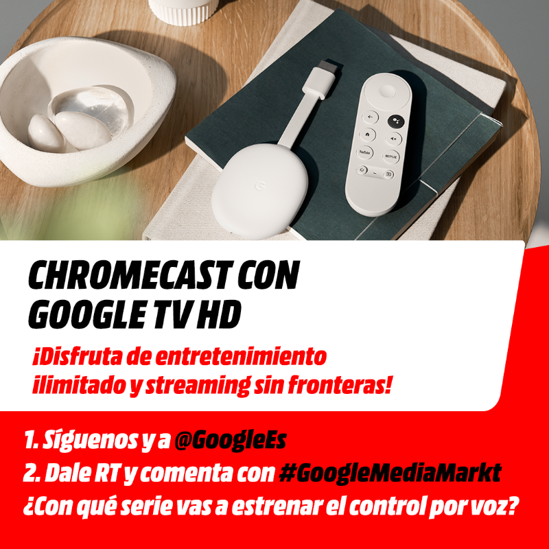 SORTEAMOS 1⃣ Chromecast con Google TV HD para que disfrutes del mejor entretenimiento en alta resolución📺🔝

1⃣ Síguenos y a @GoogleEs
2⃣ Dale RETWEET y comenta con #GoogleMediaMarkt ¿Con qué serie vas a estrenar el control por voz?

⚡️Participa hasta el 11/06⏱️ ¡Mucha suerte!🍀