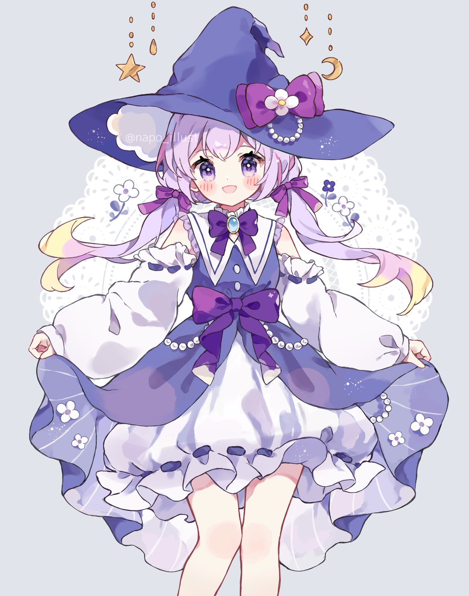 1girl hat solo purple eyes witch hat dress purple bow  illustration images