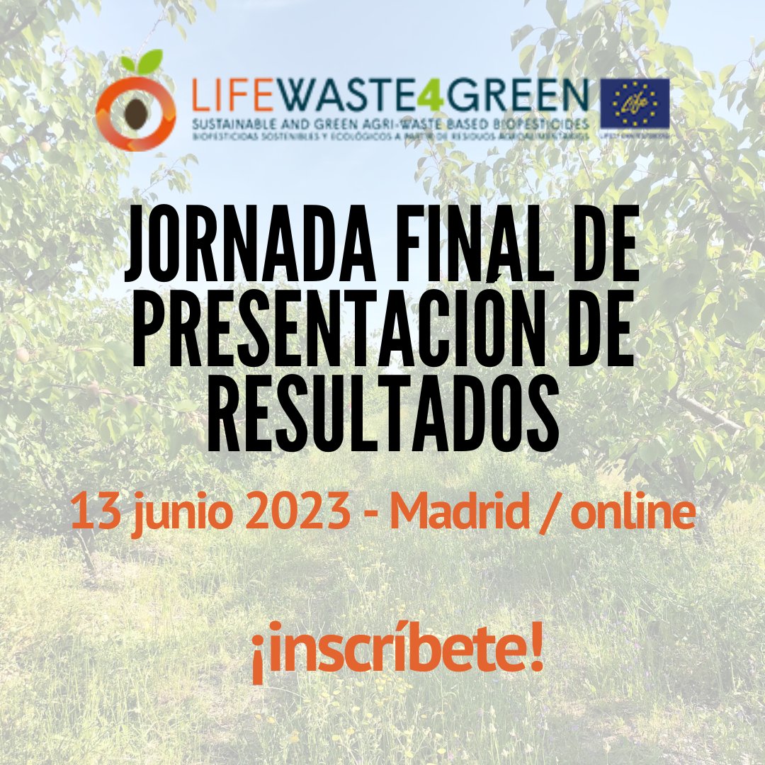 ¡Recuerda! El 13 de junio será la jornada final del proyecto <a href="/Waste4G/">Waste4Green</a>! #Biopesticidas #sostenibles y #ecológicos a partir de residuos #agroalimentarios

APÚNTATE en bit.ly/inscrip-W4G-13…
PROGRAMA y + waste4green.eu/es/prensa/jorn…

<a href="/LIFEprogramme/">LIFE Programme</a> <a href="/cinea_eu/">CINEA 🇪🇺</a> <a href="/EU_Commission/">European Commission</a>
