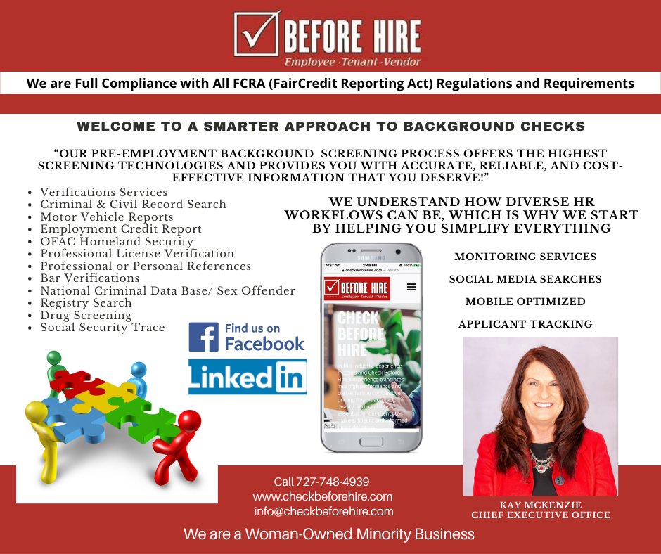 #Businessowners #HumanResources Call us today and get started Tomorrow
PROTECT YOUR COMPANY And YOUR EMPLOYEES!
727-748-4939 or Info@checkbeforehire.com
 #backgroundchecks #HR #criminalrecords #drugscreening #hiring #workerscomp #compliance #verify #security #recruiting