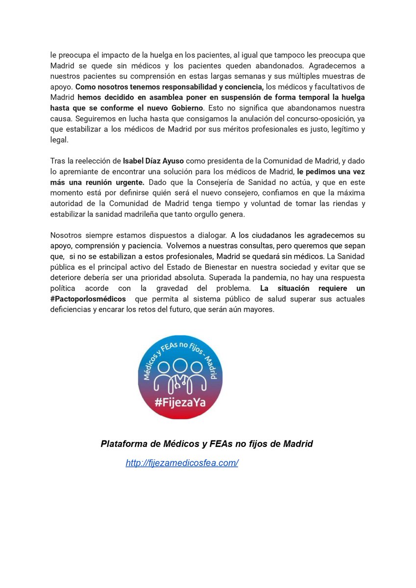 Suspendemos TEMPORALMENTE a la espera de un nuevo equipo de <a href="/SaludMadrid/">Salud Madrid</a> tras NO alcanzar un acuerdo con <a href="/eruizescudero/">Enrique Ruiz Escudero</a> y <a href="/fpradosroa/">Fernando Prados Roa</a>, que no han ofrecido ninguna solución para acabar con la temporalidad del 54% de los médicos y facultativos hospitalarios de Madrid.

COMUNICADO📄
