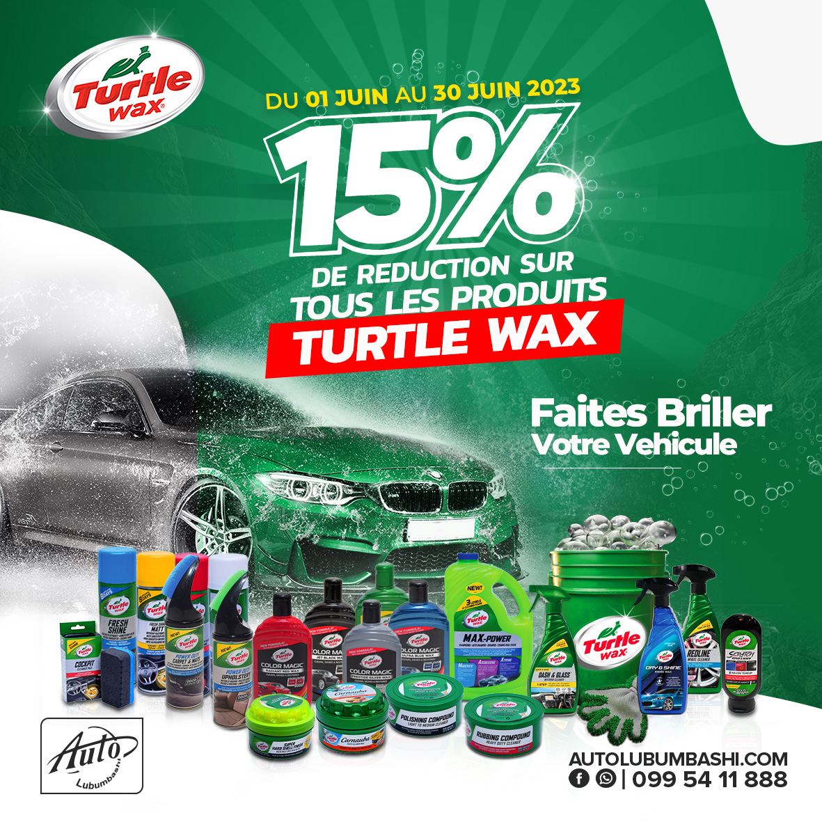 LubumbashiAuto's tweet image. 🎁 Pʀᴏᴍᴏ Tᴜʀᴛʟᴇ Wᴀx 🎁
- Du 01 au 30 JUIN 2023 -

Bénéficiez d&apos;une réduction de 15% sur tous vos achats de nos produits Tᴜʀᴛʟᴇ Wᴀx﹗🤩
Vous les trouverez dans nos différents Shops.

#gatez_votre_voiture #auto_lubumbashi #automall #turtlewax #lubumbashi #Likasi #Kolwezi