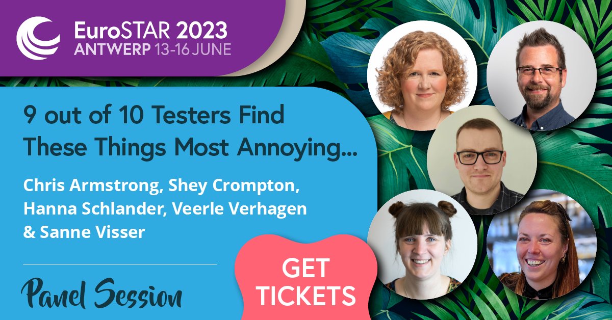 EuroSTAR Conferences (@esconfs) on Twitter photo Join <a href="/SheyMouse/">Fifty Grades of Shey</a> <a href="/christovskia/">Chris Armstrong</a> <a href="/witchofthetest/">Wicked Witch of the Test</a> @hannaschlander and @SimplySanne in their open & honest panel discussion covering various relatable subjects around working life as software testers. 🎤>> bit.ly/3D8rHzZ Join <a href="/SheyMouse/">Fifty Grades of Shey</a> <a href="/christovskia/">Chris Armstrong</a> <a href="/witchofthetest/">Wicked Witch of the Test</a> @hannaschlander and @SimplySanne in their open & honest panel discussion covering various relatable subjects around working life as software testers. 🎤>> bit.ly/3D8rHzZ