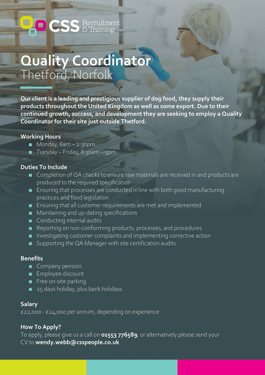 Looking for a new role 👀

👉 Quality Coordinator
💷 £22,000 - £24,000 per annum
📍 Based in Thetford, Norfolk

☎️ Call us today on 01553 776589
📧 Or email wendy.webb@csspeople.co.uk

#Jobs #JobSearch #JobHunt #QualityCoordinator #IndustrialJobs #PermanentJobs #NorfolkJobs