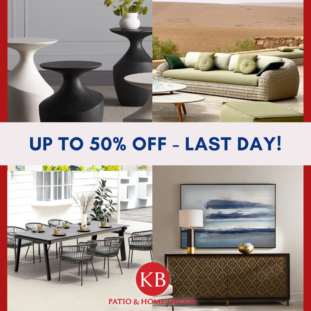 Last Day! KB Patio’s Memorial Day Sale ends TODAY. Don’t miss the best prices of the season: take an additional 10-50% off our everyday value prices. #kbpatio #naplesfl  #memorialdaysale #patiofurniture  #outdoorfurniture #homedecor
