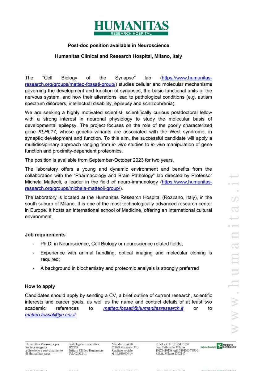 Matteo Fossati (@fossatilab) on Twitter photo My lab is hiring! We have an open postdoc position to work on an exciting project to study novel genetic factors associated to neurodevelopmental epilepsies. Great collaboration with <a href="/Michela30586273/">Michela Matteoli</a> <a href="/Davide54622546/">Davide Pozzi</a>. Please RT! <a href="/HumanitasMilano/">Humanitas Milano</a> <a href="/CNRsocial_/">CNR Consiglio Nazionale delle Ricerche</a> @Telethonitalia My lab is hiring! We have an open postdoc position to work on an exciting project to study novel genetic factors associated to neurodevelopmental epilepsies. Great collaboration with <a href="/Michela30586273/">Michela Matteoli</a> <a href="/Davide54622546/">Davide Pozzi</a>. Please RT! <a href="/HumanitasMilano/">Humanitas Milano</a> <a href="/CNRsocial_/">CNR Consiglio Nazionale delle Ricerche</a> @Telethonitalia