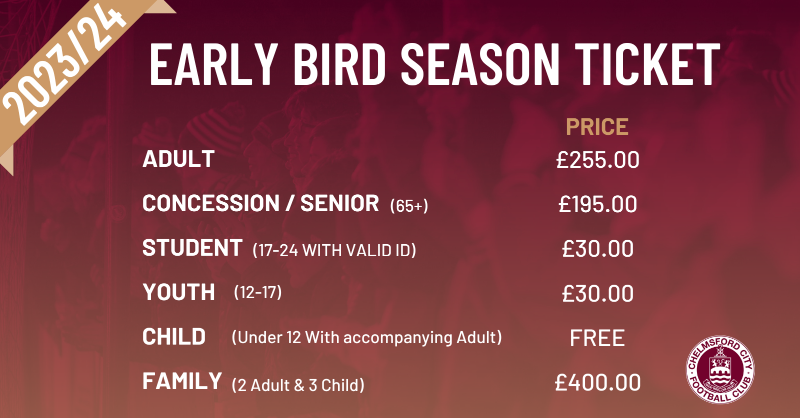 OfficialClarets's tweet photo. 🐦 JOIN US FOR 2023/24

We are delighted to announce our 2023/24 Early Bird Season Tickets are now On Sale! The Early Bird Prices are valid until 23:59pm Sunday 18th June, book early to avoid missing out!

Why not grab yours and be there for our 2023/24 Campaign

#ClaretsTogether