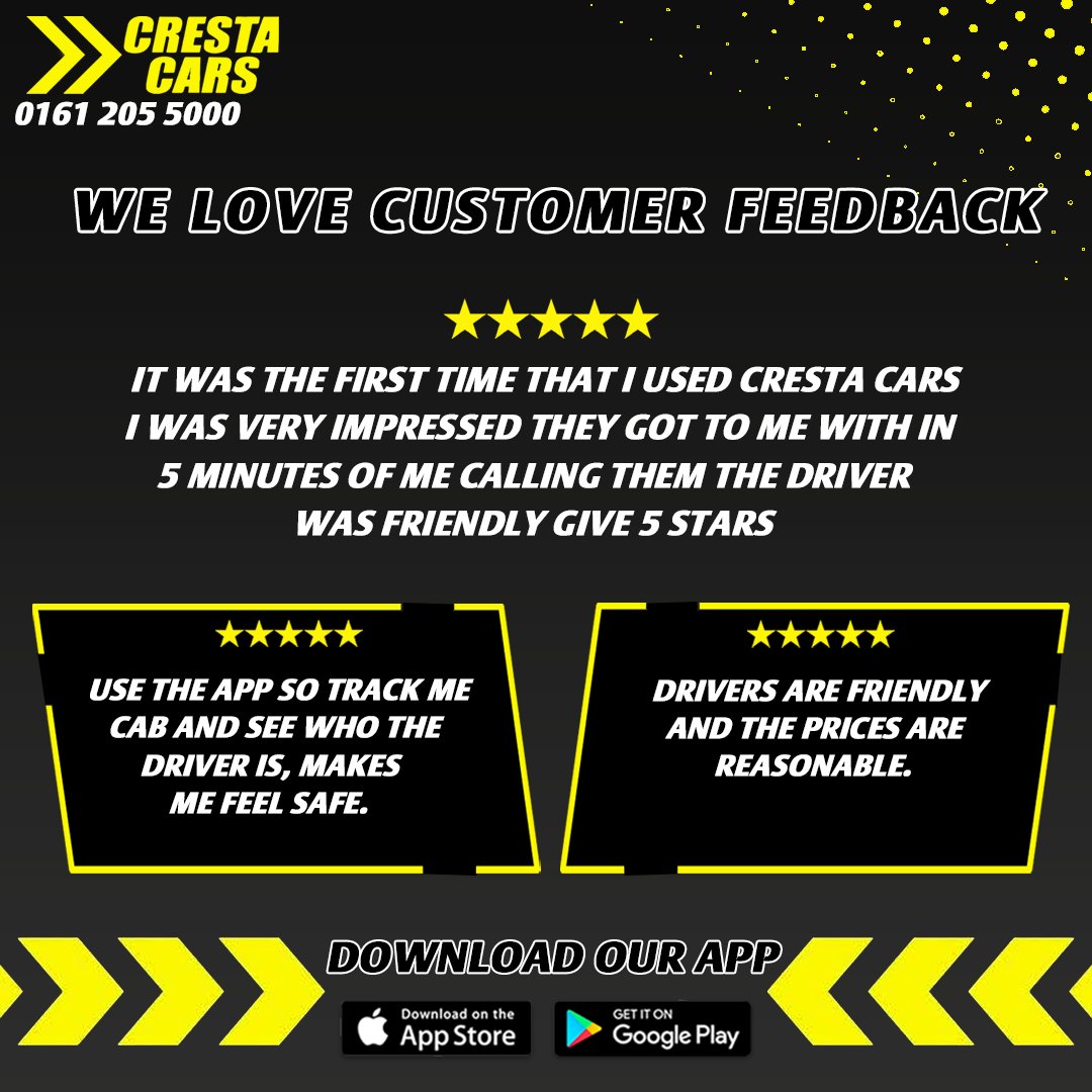 Have you had a good experience with our services?
Let us know in the comment section below.

Download the FREE app today: onelink.to/crestacarstaxi
0161 205 5000
Crestacars.co.uk
.
.
.
.
#safetaxitravel #crestacars #taxi #review