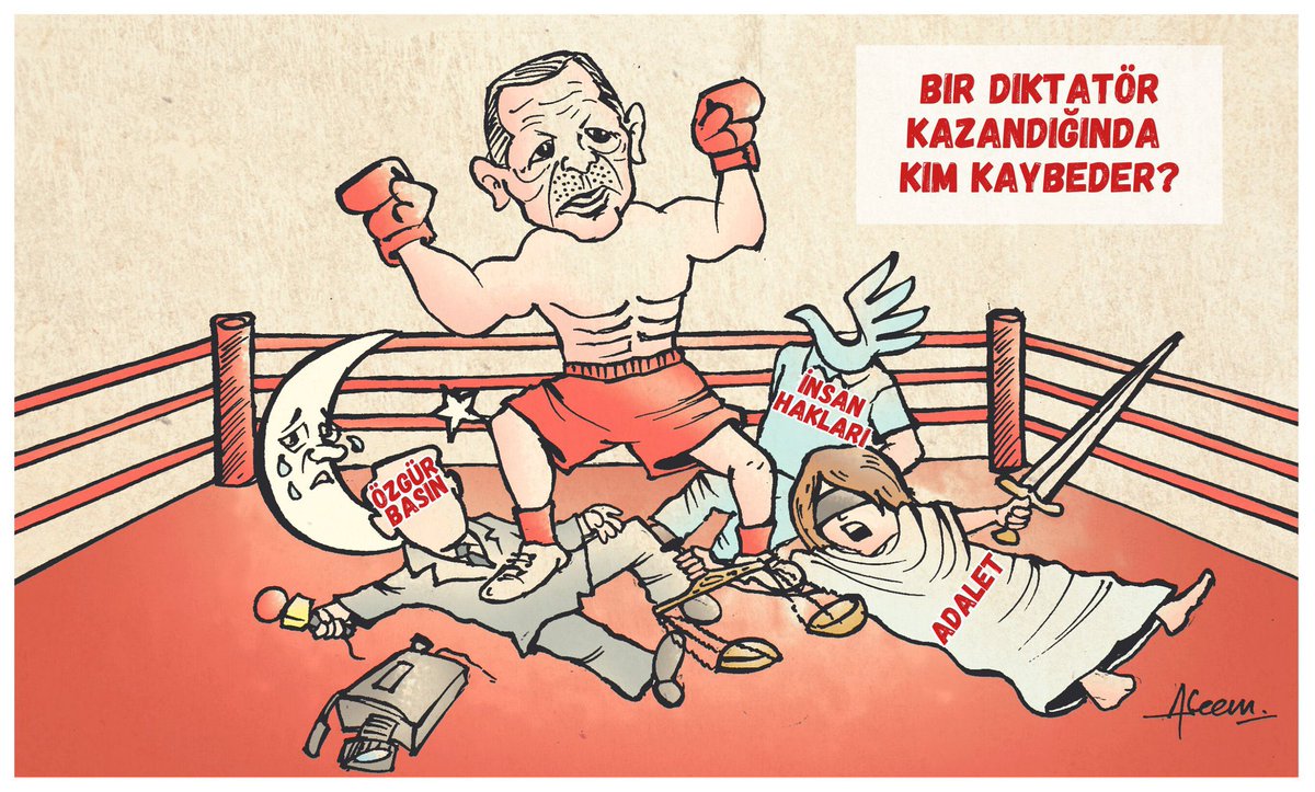 Hindistanlı karikatürist @aseem_trivedi’den çok anlamlı bir karikatür daha:

Bir diktatör kazandığında kimler kaybeder? #BasınÖzgürlüğü #Adalet #İnsanHakları #Türkiye