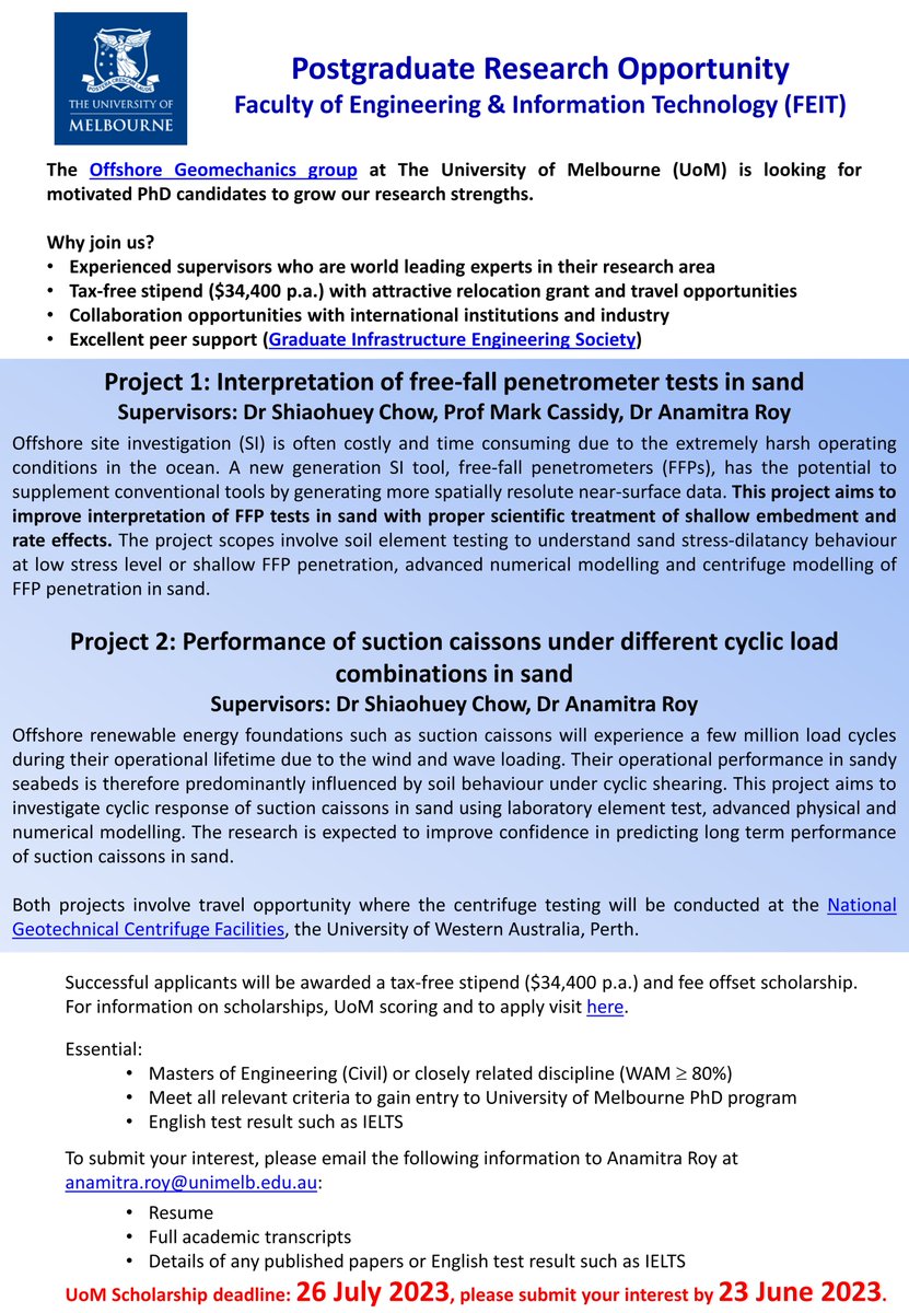 ANAMITRA ROY (@anamitra22) on Twitter photo If you are interested in pursuing a PhD in offshore geotechnics at University of Melbourne <a href="/UniMelb/">University of Melbourne</a> , then this may be of your interest..👇👇 If you are interested in pursuing a PhD in offshore geotechnics at University of Melbourne <a href="/UniMelb/">University of Melbourne</a> , then this may be of your interest..👇👇