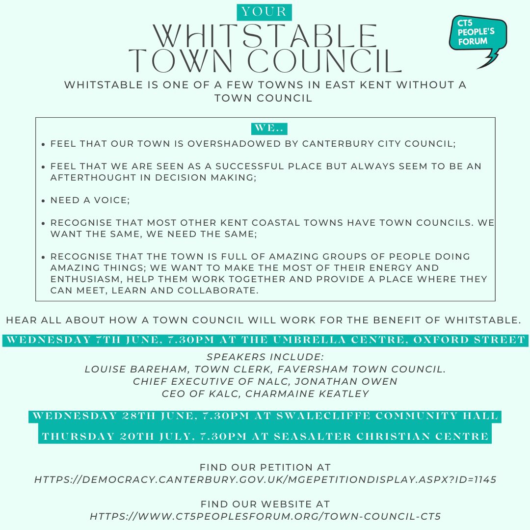 Please join our <a href="/ForumCt5/">CT5 People’s Forum</a> #towncouncil group for the launch of our petition, Weds June 7th, <a href="/umbrellacentre/">Whitstable Umbrella Community Centre</a> at 7.30pm.  We have some amazing speakers inc the Chief Exec of the <a href="/NALC/">NALC</a> (National Association of Local Councils) and the Town Clerk of Faversham Town Council.