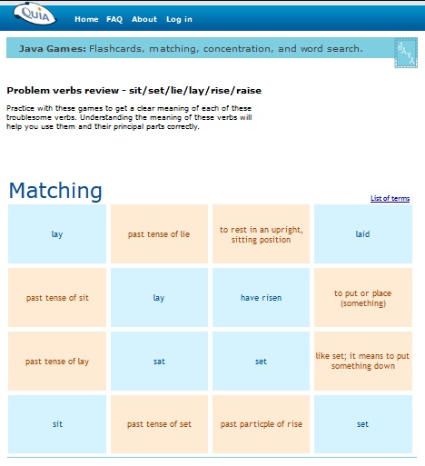 internet4classr's tweet photo. I4C: Problem Verbs: Sit/Set/Lie/Lay/Rise/Raise. Practice with these games to get a clear meaning of each of these troublesome verbs. https://t.co/giVO3dBaJY #edchat #3rdchat #4thchat #5thchat #langarts #ela https://t.co/9VevwxDIta