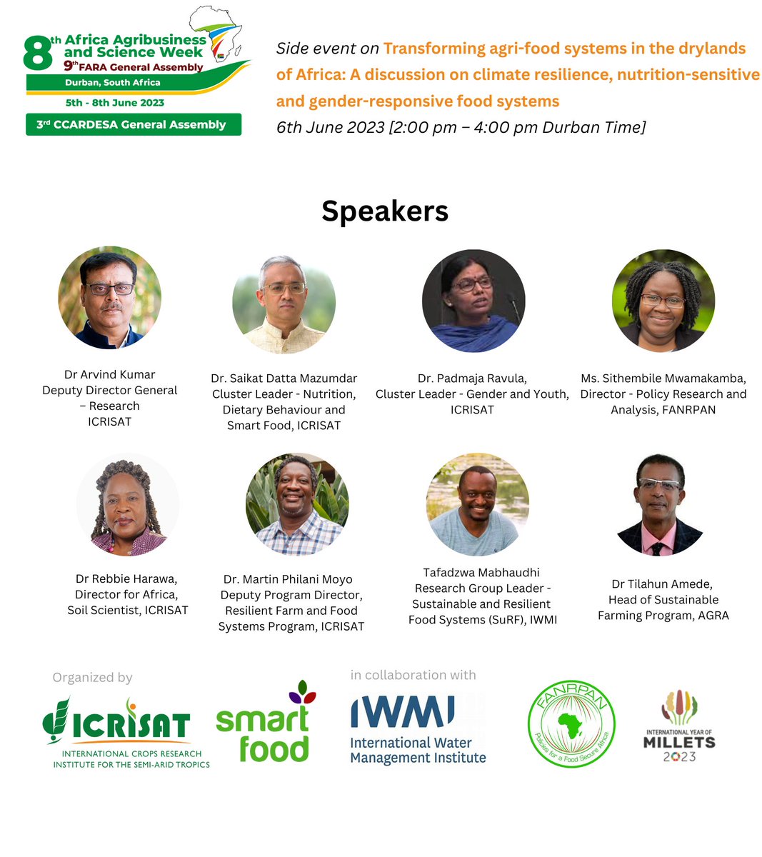 Join our upcoming side event at the 8th Africa Agribusiness and Science Week #AASW8 to discuss ways to strengthen food systems through promoting nutrition-sensitive agriculture, leveraging climate-resilient crops, and the "Smart Food" initiative. 

RSVP lnkd.in/gWDus_jk