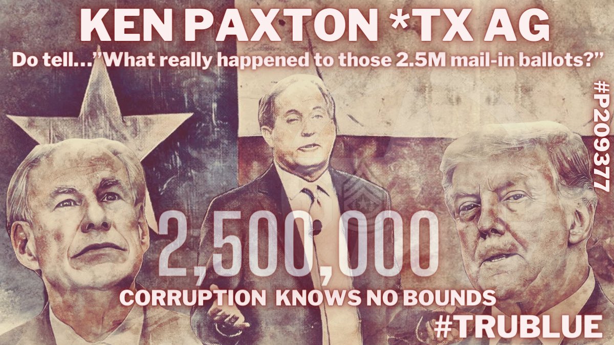oldsargepap's tweet photo. Opinion: Ken Paxton, TX AG stated he threw out over 2.5 million Texans mail-in ballots in which Greg Abbott and Donald Trump each won easily as a result. #KenPaxton 

This brings a cloud of suspicion on Harris county‘s (Houston) low turnout compared to the rest of Texas. Paxton’s own statement infers he threw out millions of Democratic votes.  #VoterFraud

To save his neck, he’s telling anyone who will believe him he’ll do it again in 2024 if he can stay in office. No wonder Trump is supporting him against the GOP there! #TXAG

How is this possible?  Is DOJ listening?  Why are these GOP ‘Rethuglicans’ so comfortable telling the world they’re “corrupt AF” and nobody does anything about it?

This is not acceptable!  Garland, you need to look into this before we get Trump 2.0 and democracy is lost forever…

#TruBlue #DemVoice1 #ONEV1 Z24 #DemCastFL #ProudBlue #BlueEarth