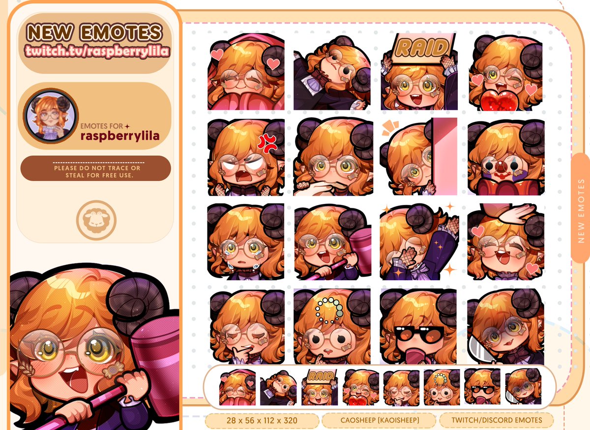 Raspberrylila's tweet photo. Waaah there are finally here!!! 
I had a chance to work on my new emotes with @CaoSheep and they look amazing!! Im literally in love with them. Cao did a wonderful job and Im so happy I got to work with them💜😭 https://t.co/tr1251uehK