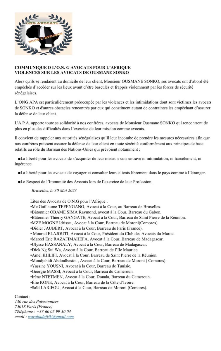 Fode9122's tweet photo. COMMUNIQUE D L’O.N. G AVOCATS POUR L’AFRIQUE VIOLENCES SUR LES AVOCATS DE OUSMANE SONKO https://t.co/CBbEcUnvyh