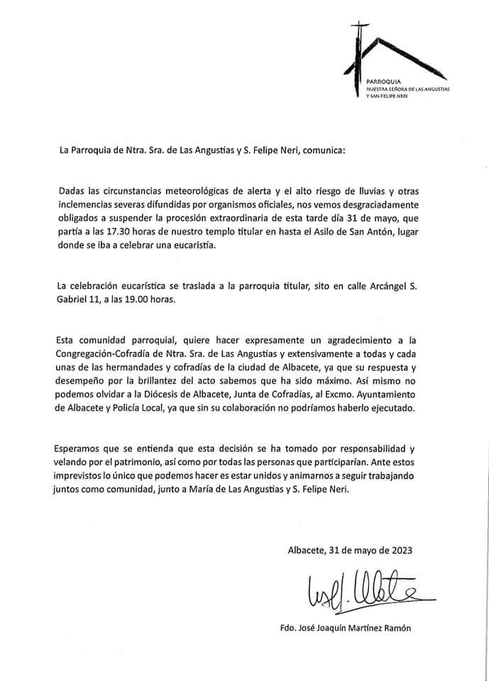 COMUNICADO DE LA PARROQUIA DE NTRA. SRA. DE LAS ANGUSTIAS Y SAN FELIPE NERI.