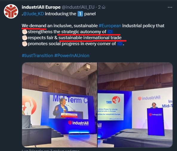 While workers' are on #strike all over Europe
While inflation destroys our lives
While capitalists make huge profits

This is what #INDUSTRIALL cares about:
'strategic autonomy of #EU' 
'fair & sustainable intl TRADE'

#PowerIndustriAll123 #PowerInAUnion