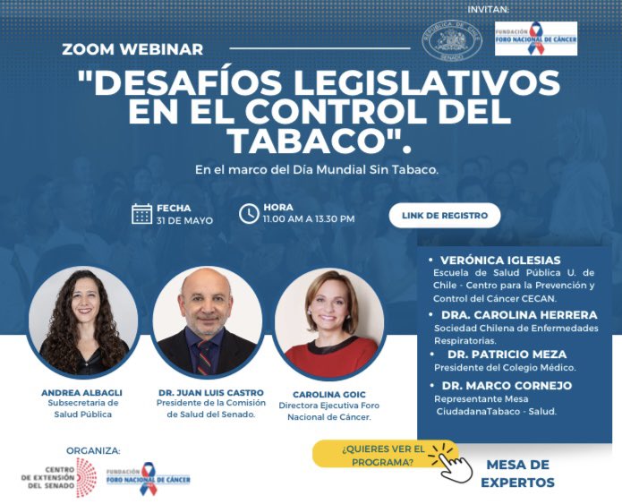 carolinagoic's tweet photo. En Chile cada día mueren 54 personas por tabaquismo y evitar su consumo es prioritario. Invitamos a participar de este webinar. Para registro acá 👇🏼 https://t.co/O2qucvtQ18 @DoctorJLCastro @AlbagliAndrea @Senado_Chile https://t.co/Lvy6fUPdLx