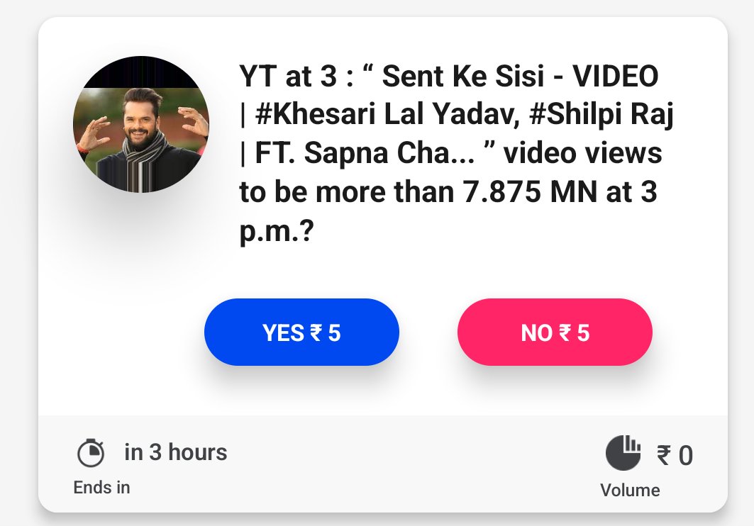 AppTenet's tweet photo. Come and join the conversation!! Whether Sent Ke Sisi Video views to be more than 7.875 MN at 3 p.m.?

Tap on the link to participate.
https://t.co/LeWzo34LPB

#tenetapp #Khersarilalyadav
#predictAndWi https://t.co/JL0ugk9ihE